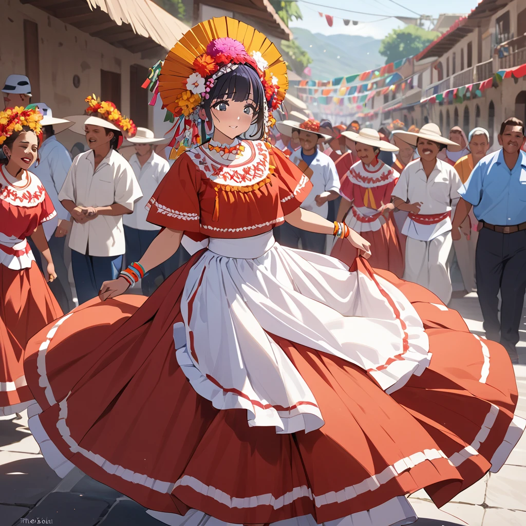 ((Highest quality)), ((masterpiece)), (detailed), （Perfect Face）、The woman is Reika Aoki with semi-long hair、A woman is dancing in a Guelaguetza costume in Guelaguetza, Mexico