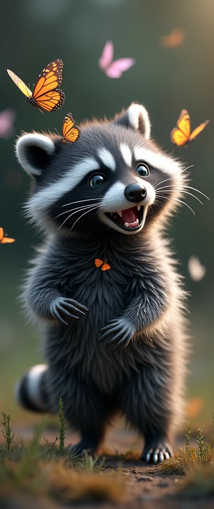 A captivating and whimsical 3D render of a cute, extra fluffy baby raccoon in a state of alertness or mid-howl. The raccoon's intricately detailed fur showcases a blend of black, white, and shades of gray, creating a striking contrast. The most captivating aspect of the image is the harmonious integration of wild and delicate elements, as butterflies appear to emerge from the raccoon's fur. These vibrant butterflies, showcasing a range of colors, are scattered throughout the image, some clustered around the raccoon's head and others flying off in different directions. The overall ambiance of the artwork evokes a sense of conceptual art, playfulness, and enchantment., photo, conceptual art, 3d render