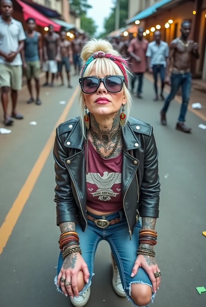 russian old milf woman, , blonde platinum hair (beehive bun) and wide colourful bandana as headband). Wearing oversized square maxi sunglasses. Square jaw, with very light green eyes, extremely pale. No tan. Wearing aged cropped black moto jacket (zippers on the side). Cropped short dark red push up t-shirt with faded spread wings eagle logo and gothic lettering,, dark skinny low rise blue jeans with holes on knees (white cotton visible). White tennis sneakers and bead bracelets around ankles. Lots of thick wide studded bracelets, chain collars and big rings. Tacky wide studded leather belt with swastika oval buckle. Long earrings with chains and feathers. Squatting, chin up looking at the sky, stretching her neck.. Hands on knees, spread legs, Toned abdominals, thin neck, slim legs and thin arms. Narrow hips. Heavily tattooed in colour on chest, hands, neck and arms. Garbage and waste on the ground. Crowded dirt street of Nairobi with shirtless men crowding behind her
