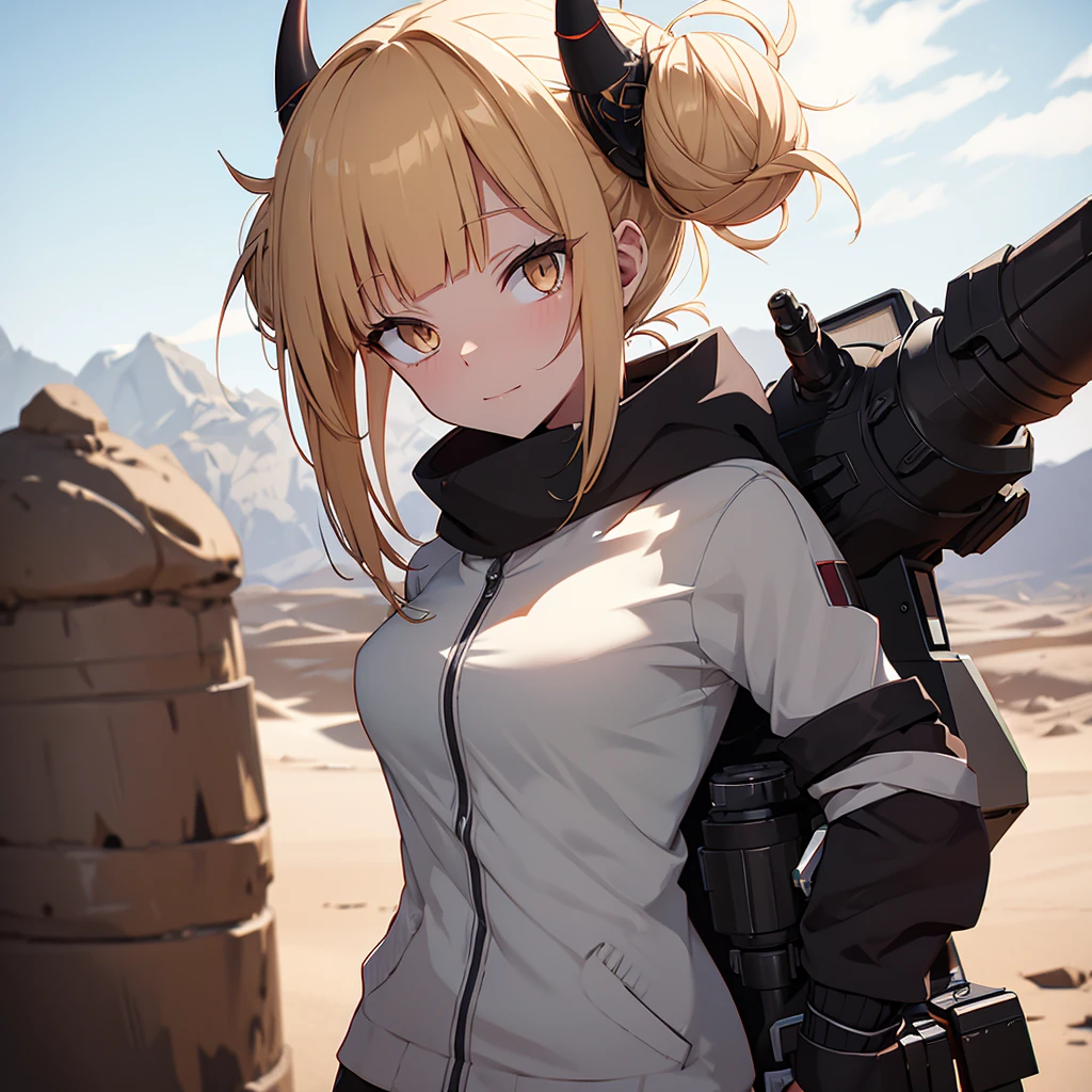 Make a character. alone. futuristic clothing. In addition to having technological horns. It should be in a desert setting.