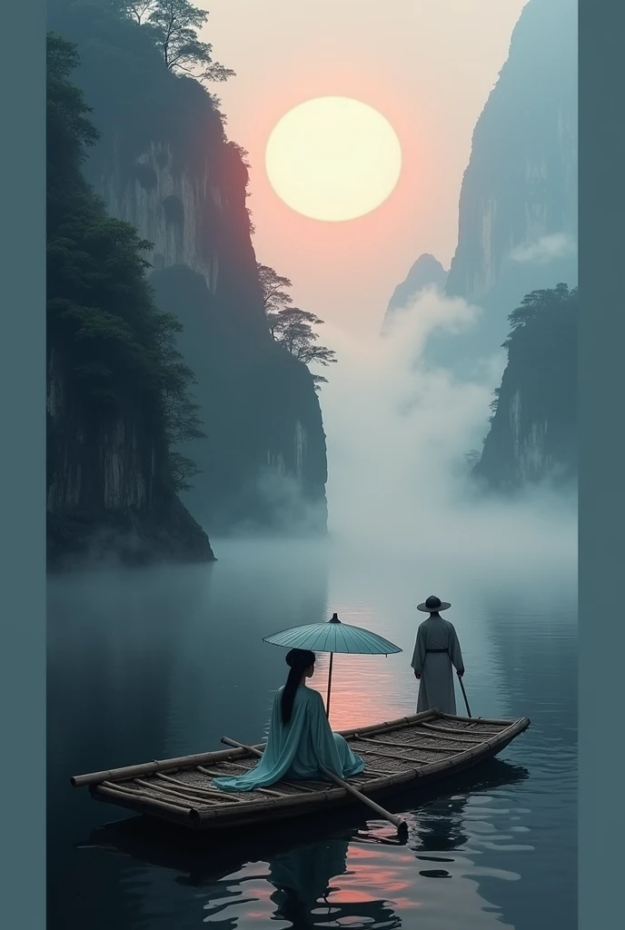 Misty,Sunset through the fog,A 92-degree aerial view of a simple bamboo raft tied with bamboo,A woman wearing Chinese Hanfu on a bamboo raft holds an umbrella in front,There is a boatman behind the bamboo raft,The boat sails towards the sun,There are stone cliffs on both sides,Like a Chinese landscape painting, like a fairyland, like the mountains of Zhangjiajie,Maximum resolution,All the details can be seen clearly,Cinematic color grading