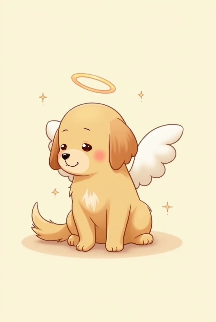 Simple line drawing、Cute illustrations、comics、Golden retriever character、kind表情、Angel wings on the back、pastel colour、Limited color usage、Simple Background、Characters are placed in the center、For kids、kind、Peaceful、