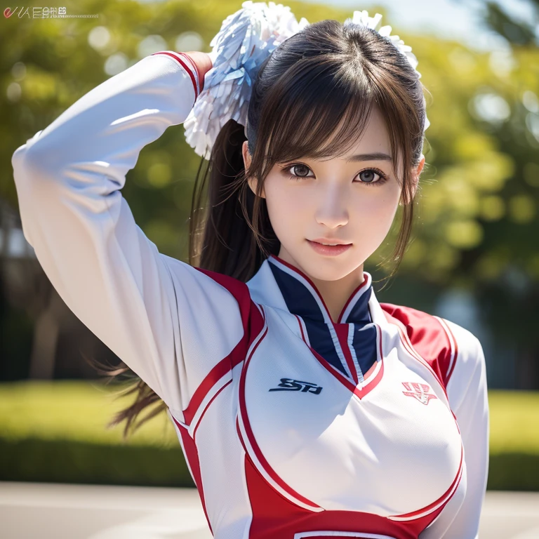 (masterpiece:1.3), (8k, RAW Photos, Highest quality, High resolution:1.1), (Ultra-realistic:1.4), (Realistic:1.3), a beautiful Japanese girl, (The girl looks like LE SSERAFIM's Sakura Miyawaki.), slim face, ((Huge breasts:1.3)), ((Full Figure:1.3)), ((cheerleader's uniform:1.3)), ((Please show your clotch.)), Glowing Skin, Fine skin, ((symmetric clear eyes)), smile, Natural lighting, Sharp Photos, (intricate details, extremely detailed, insanely detailed, incredibly detailed, realistic details, sharp details), (detailed face, detailed eyes, sophisticated nose), (pale skin, fine-textured skin, glossy skin)