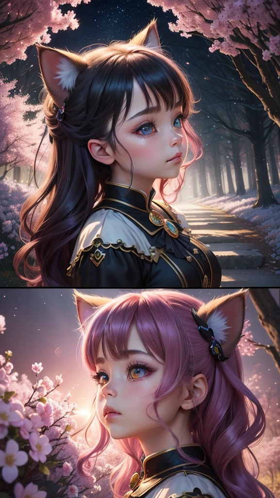 the sideview,Supersaturation,Colorful,fairytale-like,Dream-like,Movie character rendering,oil painted,。.。.3d,8K resolution,sequins,glitters,Cherry blossom forest,rays of moonlight,Close-up portrait of cute chibi kawaii anthropomorphic kitten,Detailed eyes,Large round reflective eyes,Black cat
