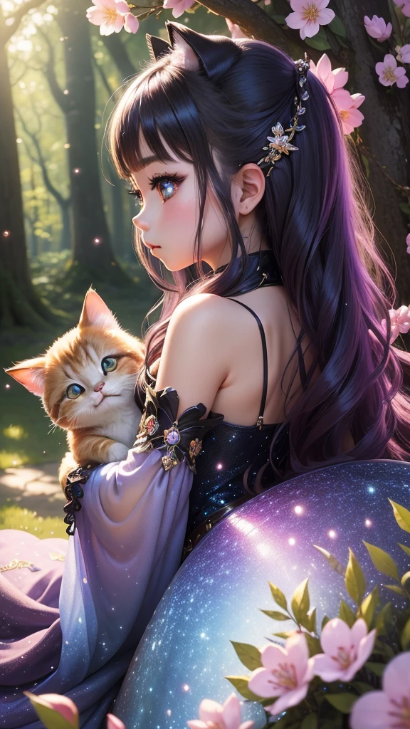 the sideview,Supersaturation,Colorful,fairytale-like,Dream-like,Movie character rendering,oil painted,。.。.3d,8K resolution,sequins,glitters,Cherry blossom forest,rays of moonlight,Close-up portrait of cute chibi kawaii anthropomorphic kitten,Detailed eyes,Large round reflective eyes,Black cat