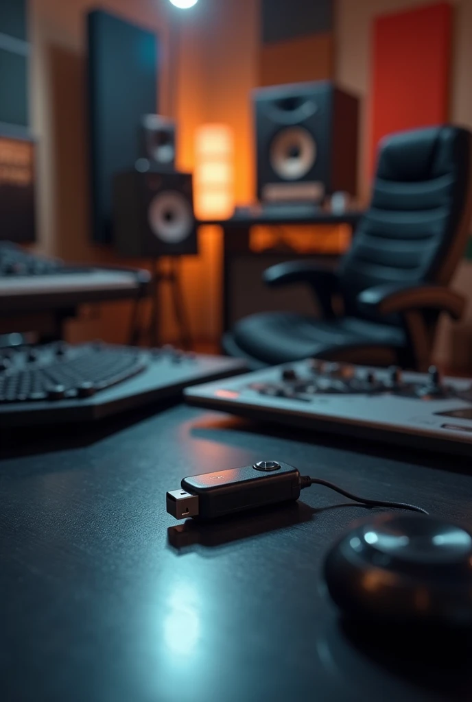 A pendrive on a table, music environment, cinematographic lights, musical studio, formal style