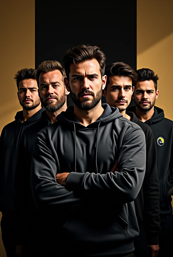 Make a exclusive poster of six men. One with hoodie, one chubby man and four handsome man. Color the background with black and gold also write on that Senario with title Showcase SENARIOUNION on 31 August 2024