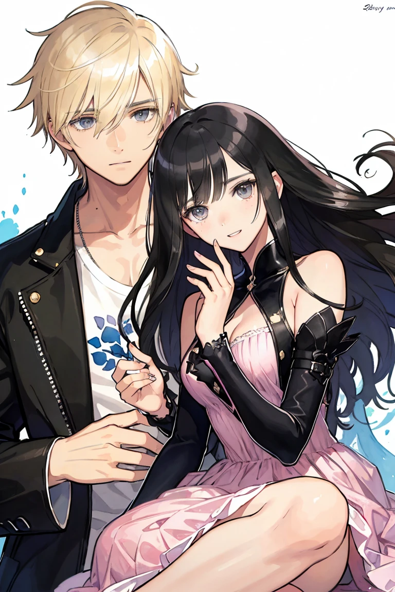 man and woman, couple, love, mature, a cat woman, she has freckles, she has dark brown eyes and an upturned nose, she is happy and smiling, she has long wavy hair, black hair, she is wearing aviator sunglasses with clear lenses in a soft watercolor style. The girl's clothes must be pink, purple, and blue in celebration of the bisexual, with stains of ink and watercolor mixing and filling the scene. he has blonde hair, he is handsome, he is slim. There should be a subtle, nuanced change in colors using the impasto technique with gouache paint. There should be a light rain in the watercolor painting with a little watercolor paper texture and a pastel background.