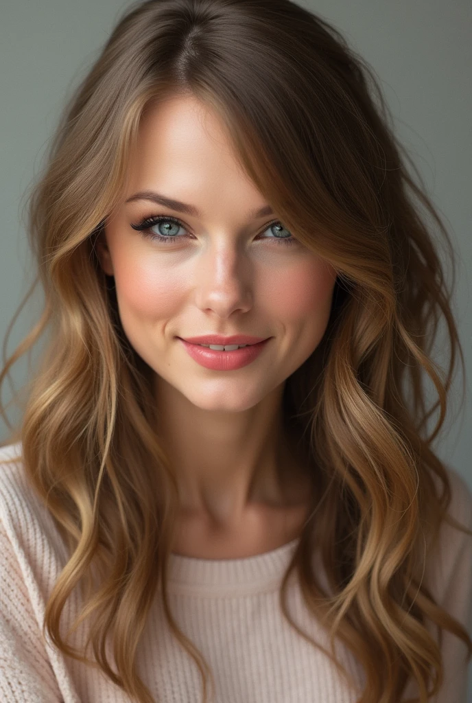 Create a picture of Taylor Swift with blue eyes and brown hair