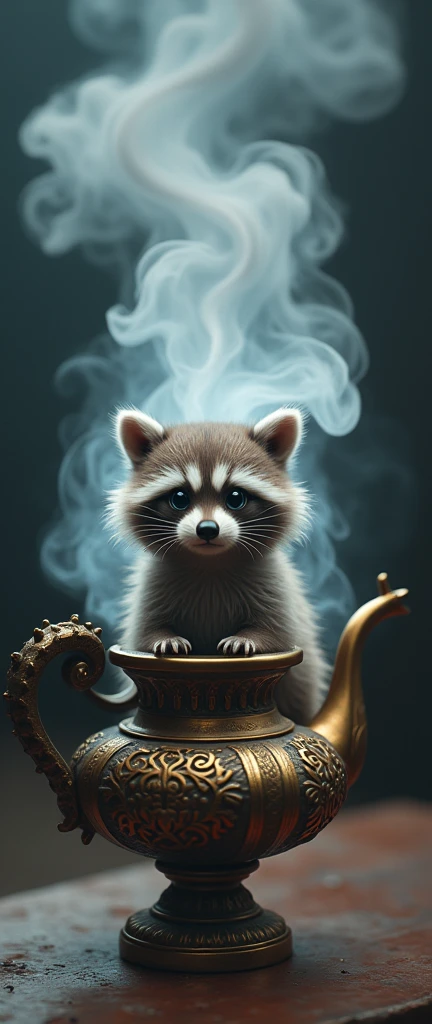 A mesmerizing and conceptual 3D render of a hyper-realistic dreamy smoke that forms the shape of a fluffy baby raccoon, emerging from the tip of a classic genie's lamp. The smoke has a soft, almost ethereal quality, with the raccoon appearing both surreal and adorable. The genie's lamp has intricate, ancient design elements and is set against a dark, mysterious background. The overall atmosphere of the image is enchanting and magical., conceptual art, photo, 3d render