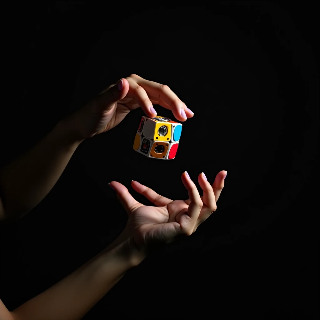 A beautiful hands playing puzzle cube in air with black background 