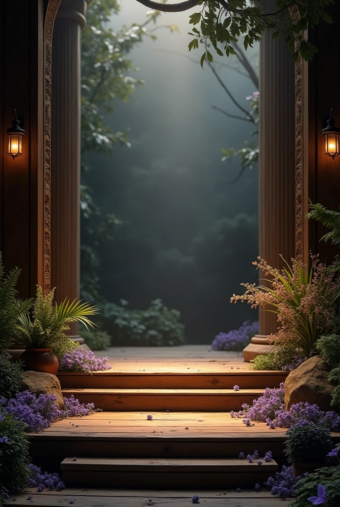 wooden stage on a dark elegant natural background and cardamom in the air scattered, lavender, vanilla and iris. and elegant lights