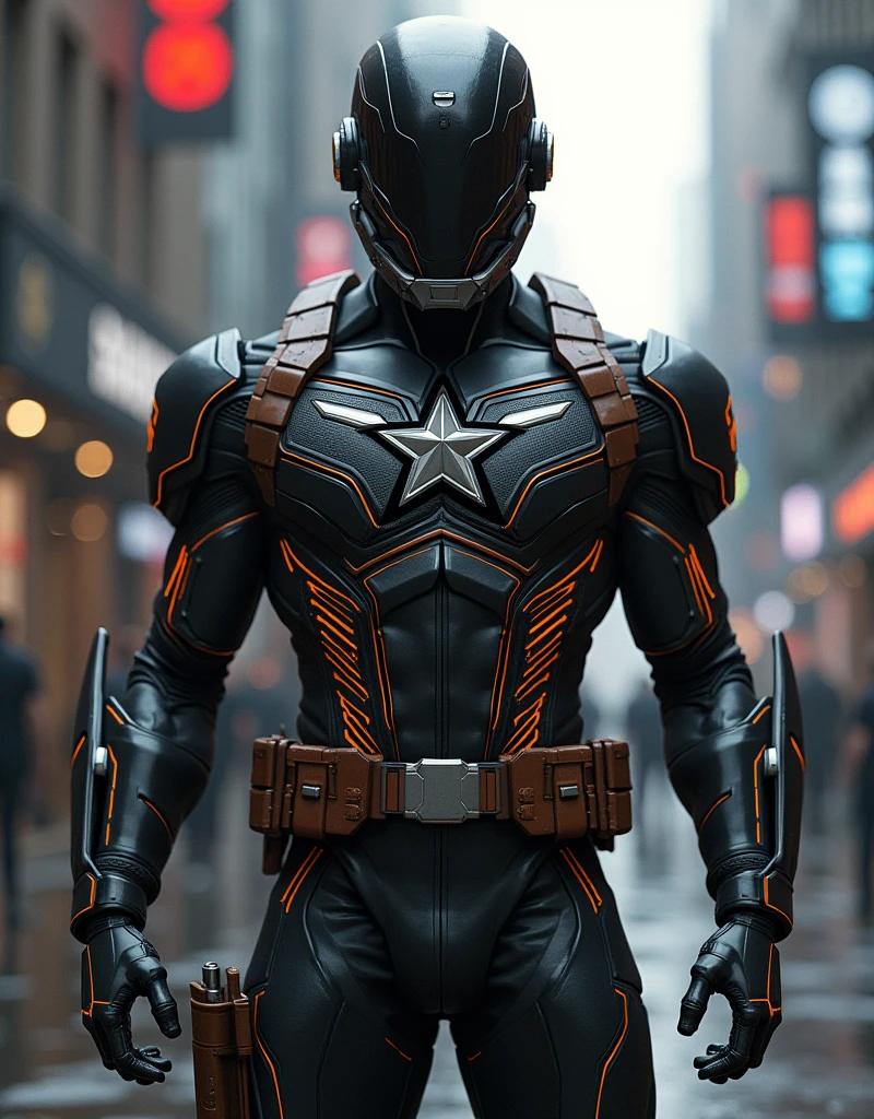 Captain America Steve Rogers Marvel's universe first Avenger superhero muscler body glossy black and orange suit with helmet with cyberpunk futuristic costume