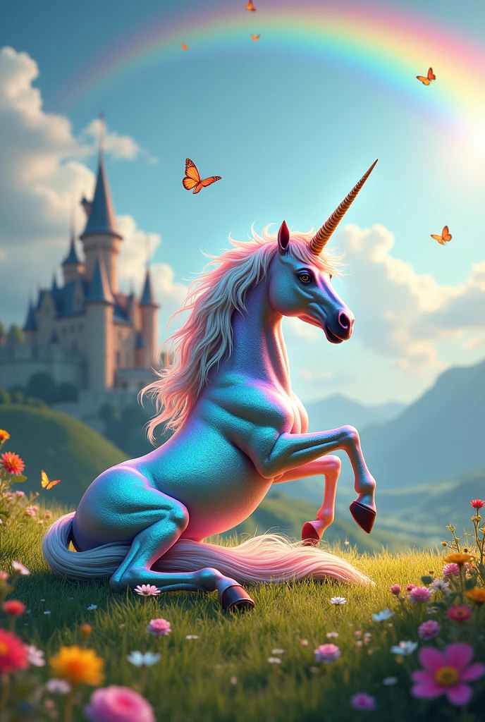 Shiny unicorn turned on its side with rainbow-colored fur, on the grass with a castle in the background, with butterflies and flowers around and a rainbow in the background, galloping