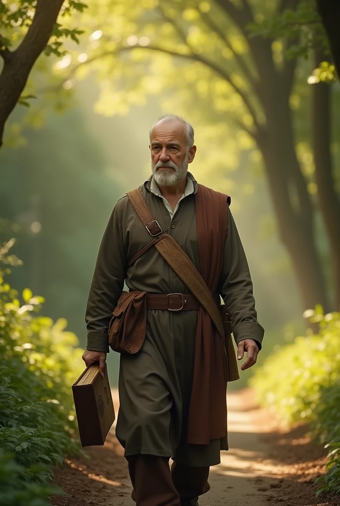 (photorealism:1.2), A person walking with a bible in his hand.