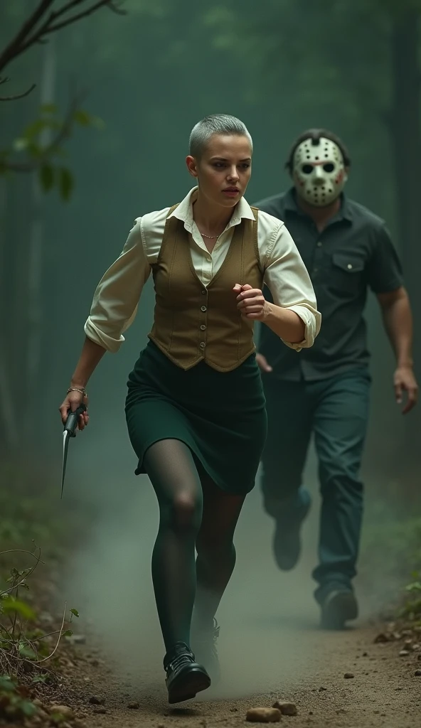 ((Highest quality)), ((masterpiece)), (horror movie posters:1.5), ((Jason)), (Shaved woman), (Motion Blur:1.1), ((逃げるJasonを後ろから追いかける筋肉質な坊主のグレーの女性のハト)), グレーのShaved womanのハトがオフホワイトで襟付きの半そでシャツに薄茶色のベストを着てひざ丈の黒いスカートに短い濃い緑の靴下と黒の靴を履いている, Photorealistic images,
