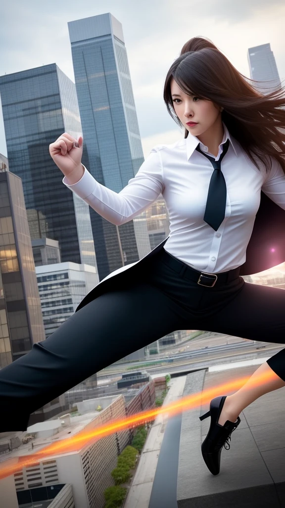 Woman in business suit kicking in front of city, confident action pose, dramatic powerful pose, powerful stance, in an action pose, dramatic action pose, power pose, aggressive pose, in a fighting pose, in a fighting stance, Powerful Pose, striking a pose, Motivated, cool marketing photo, Wearing a strict business suit, Glamour Action Poses, martial art pose