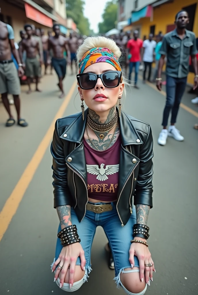 russian old milf woman, , blonde platinum hair (beehive bun) and wide colourful bandana as headband). Wearing oversized square maxi sunglasses. Square jaw, with very light green eyes, extremely pale. No tan. Wearing aged cropped black moto jacket (zippers on the side). Cropped short dark red push up t-shirt with spread wings eagle logo and gothic lettering,, dark skinny low rise blue jeans with holes on knees (white cotton visible). White tennis sneakers and bead bracelets around ankles. Lots of thick wide studded bracelets, chain collars and big rings. Tacky wide studded leather belt with swastika oval buckle. Long earrings with chains and feathers. Kneeling, chin up looking at the sky, stretching her neck.. Hands on knees, spread legs, a bit bent forward .Toned abdominals, thin neck, slim legs and thin arms. Narrow hips. Heavily tattooed in colour on chest, hands, neck and arms. Garbage and waste on the ground. Crowded dirt street of Nairobi with shirtless men crowding behind her