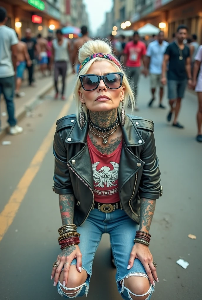russian old milf woman, , blonde platinum hair (beehive bun) and wide colourful bandana as headband). Wearing oversized square maxi sunglasses. Square jaw, with very light green eyes, extremely pale. No tan. Wearing aged cropped black moto jacket (zippers on the side). Cropped short dark red push up t-shirt with spread wings eagle  logo and gothic lettering,, dark skinny low rise blue jeans with holes on knees (white cotton visible). White tennis sneakers and bead bracelets around ankles. Lots of thick wide studded bracelets, chain collars and big rings. Tacky wide studded leather belt with swastika oval buckle. Long earrings with chains and feathers. Kneeling, chin up looking at the sky, stretching her neck.. Hands on knees, spread legs, a bit bent forward .Toned abdominals, thin neck, slim legs and thin arms. Narrow hips. Heavily tattooed in colour on chest, hands, neck and arms. Garbage and waste on the ground. Crowded dirt street of Nairobi with shirtless men crowding behind her