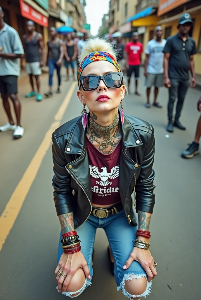 russian old milf woman, , blonde platinum hair (beehive bun) and wide colourful bandana as headband). Wearing oversized square maxi sunglasses. Square jaw, with very light green eyes, extremely pale. No tan. Wearing aged cropped black moto jacket (zippers on the side). Cropped short dark red push up t-shirt with spread wings eagle  logo and gothic lettering,, dark skinny low rise blue jeans with holes on knees (white cotton visible). White tennis sneakers and bead bracelets around ankles. Lots of thick wide studded bracelets, chain collars and big rings. Tacky wide studded leather belt with swastika oval buckle. Long earrings with chains and feathers. Kneeling, chin up looking at the sky, stretching her neck.. Hands on knees, spread legs, a bit bent forward .Toned abdominals, thin neck, slim legs and thin arms. Narrow hips. Heavily tattooed in colour on chest, hands, neck and arms. Garbage and waste on the ground. Crowded dirt street of Nairobi with shirtless men crowding behind her