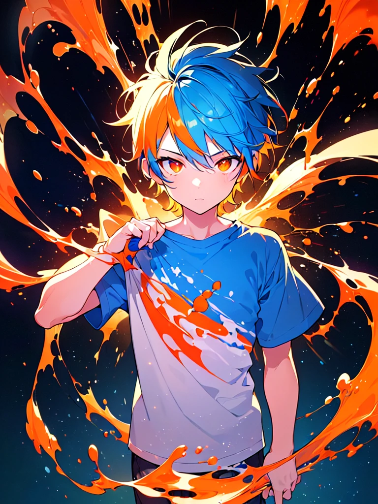 [(BLACK BACKGROUND:1.5),::5], ((((masterpiece)))), high quality, very_high_resolution, large_filesize, upper body, full color, ((younger boy)), 13 old year, short skyblue hair, vivid color, ((orange eye)), Summer clothes white, animestyle, (cola Splash effect:1.3)