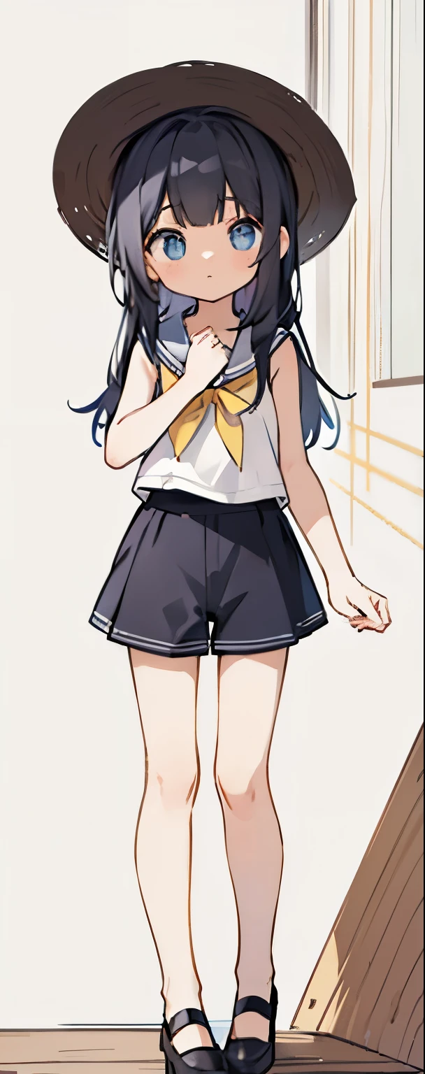 Highest quality、Masterpiece、Black medium hair、(Sleeveless、Sailor collar、White shirt:1.2)、high-waisted shorts、black culottes、(Petite、:1.3)、flat body、Yellow ribbon、Blue Eyes、Straw hat、