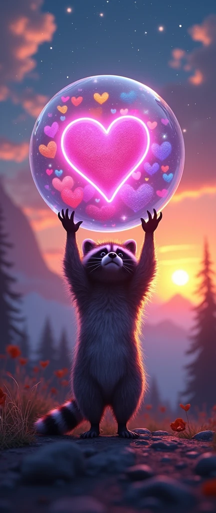 A whimsical and enchanting 3D render of a delightfully fluffy baby raccoon, gripping a large glass orb filled with shimmering neon hearts that pulse with rainbow hues. The raccoon's bright eyes convey curiosity and wonder as it holds the orb high above its head, poised to release the hearts into the night sky. Surrounding the raccoon is a breathtaking landscape of swirling clouds, twinkling stars, and a mesmerizing sunset that bathes the serene forest and distant mountain silhouette in a warm, golden light. This captivating image combines elements of conceptual art and photography to create a magical, otherworldly atmosphere., 3d render, conceptual art, photo