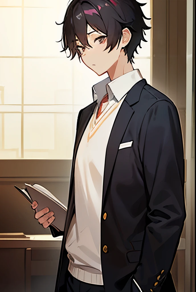 Takuya Aoyama, 1 schoolboy, He had messy combed black hair and brown eyes., With a dark look, Profile picture, Light Novel Art. school environment, high school, masterpiece.