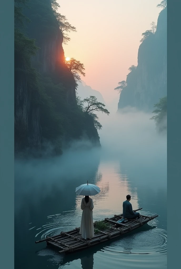 Misty,Sunset through the fog,Aerial view of a 92-degree angle shot of a bamboo raft tied with bamboo,Two people on bamboo raft,A woman wearing Chinese Hanfu stands in front holding an umbrella,There is a boatman behind the bamboo raft.,The boat sails towards the sun,There are stone cliffs on both sides,Like a Chinese landscape painting, like a fairyland, like the mountains of Zhangjiajie,Maximum resolution,All the details can be seen clearly,Cinematic color grading