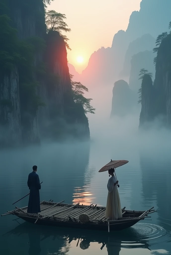Misty，Sunset through the fog，Aerial view of a 92-degree angle shot of a bamboo raft tied with bamboo，Two people on bamboo raft，A woman wearing Chinese Hanfu stands in front holding an umbrella，There is a boatman behind the bamboo raft.，The boat sails towards the sun，There are stone cliffs on both sides，Like a Chinese landscape painting, like a fairyland, like the mountains of Zhangjiajie，Maximum resolution，All the details can be seen clearly，Cinematic color grading

