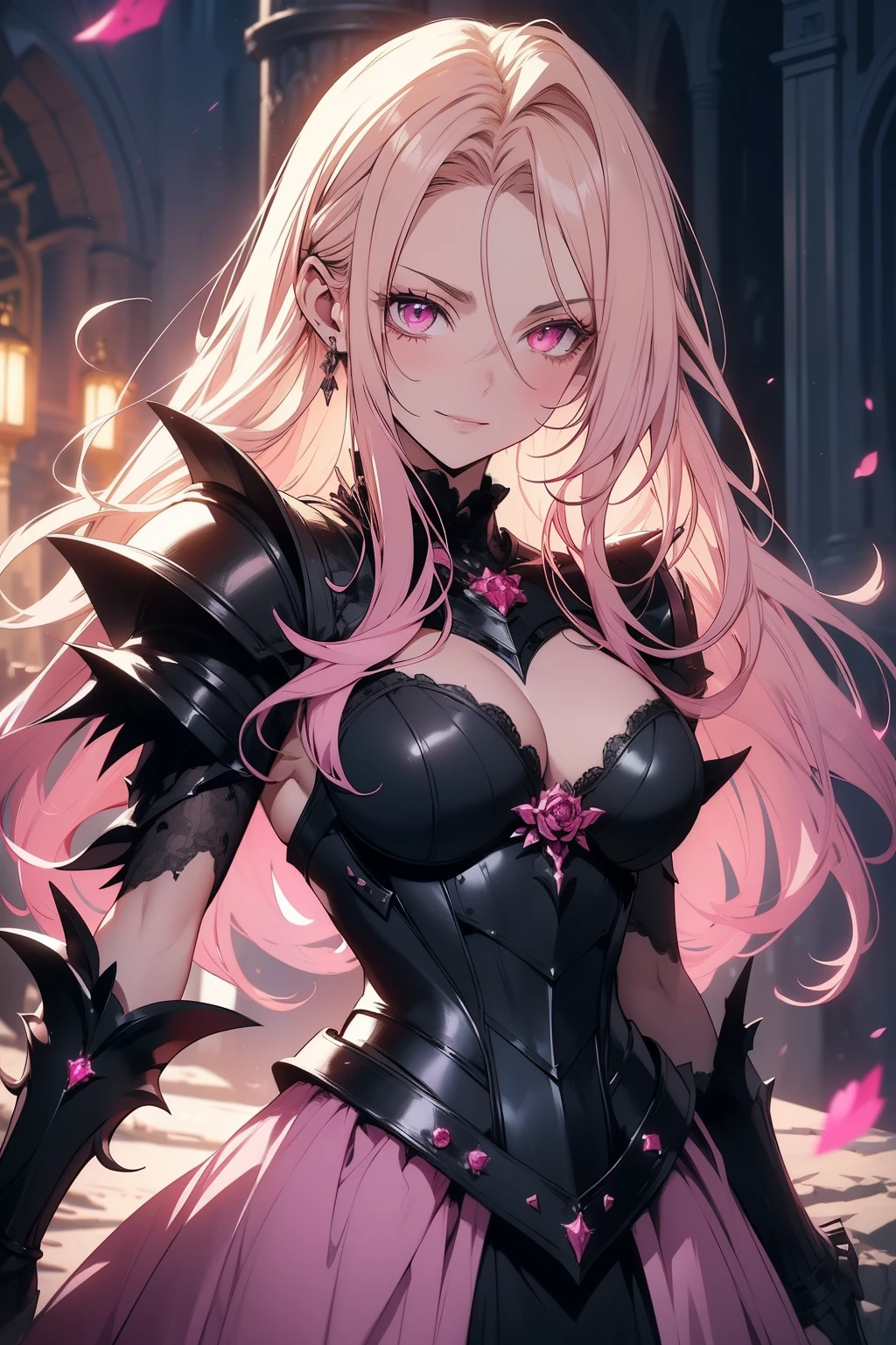 a beautiful woman, gorgeous blonde woman, messy and spiky hair, lonh hair, dark rose knight, pink eyes, pink elegant cute medieval short dress, fantasy, highly pink rose intricate armor, detailed face, bad smile, 8k, highly detailed, masterpiece, dramatic lighting, cinematic, atmospheric, fantasy art