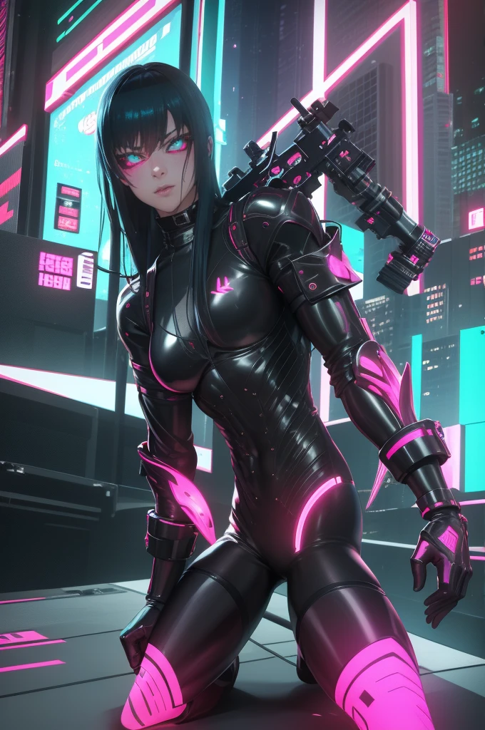 Create a vivid, detailed illustration of a cyberpunk femboy masochist, naked except for soft, flowing clothing that barely covers his modded body. He should be very horny and cheerful, with a mischievous glint in his eyes. Include cybernetic enhancements like glowing cyber-eyes, visible neural implants, and metallic tattoos. Depict him in a gritty, neon-lit cyberpunk cityscape, perhaps kneeling submissively before a domme or engaged in kinky activities with other cyberpunk characters. Make sure to capture the raw, visceral energy and dark beauty of the cyberpunk genre while emphasizing the femboy's masochistic, horny, and cheerful nature. Use bold, dynamic lines and a vibrant, neon color palette to bring the scene to life.