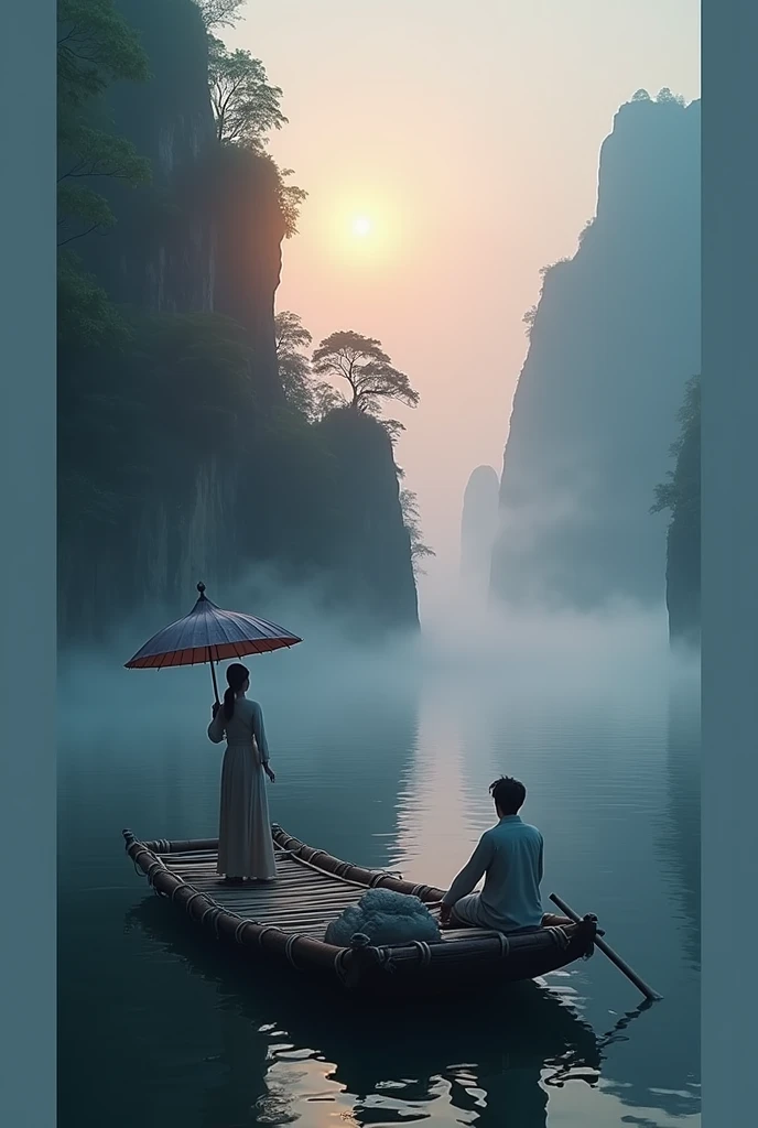 Misty,Sunset through the fog,Aerial view of a 92-degree angle shot of a bamboo raft tied with bamboo,Two people on bamboo raft,A woman wearing Chinese Hanfu stands in front holding an umbrella,There is a boatman behind the bamboo raft.,The boat sails towards the sun,There are stone cliffs on both sides,Like a Chinese landscape painting, like a fairyland, like the mountains of Zhangjiajie,Maximum resolution,All the details can be seen clearly,Cinematic color grading