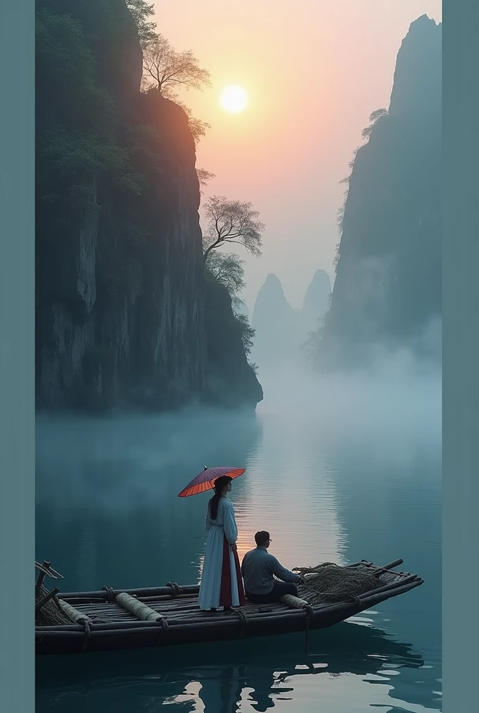 Misty，Sunset through the fog，Aerial view of a 92-degree angle shot of a bamboo raft tied with bamboo，Two people on bamboo raft，A woman wearing Chinese Hanfu stands in front holding an umbrella，There is a boatman behind the bamboo raft.，The boat sails towards the sun，There are stone cliffs on both sides，Like a Chinese landscape painting, like a fairyland, like the mountains of Zhangjiajie，Maximum resolution，All the details can be seen clearly，Cinematic color grading
