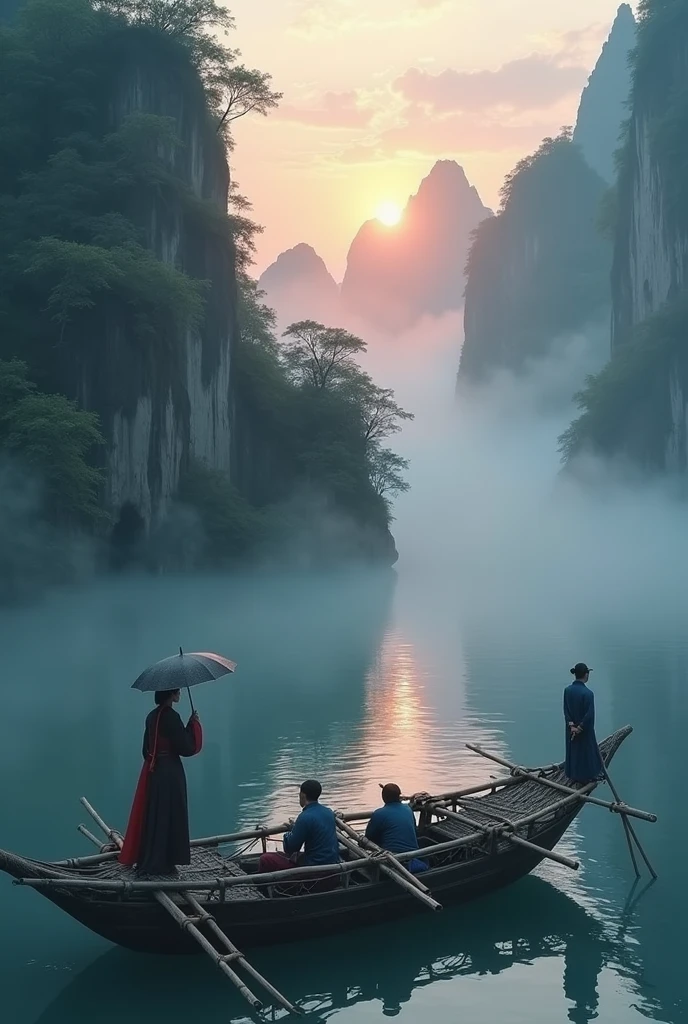 Misty，Sunset through the fog，Aerial view of a 92-degree angle shot of a bamboo raft tied with bamboo，Two people on bamboo raft，A woman wearing Chinese Hanfu stands in front holding an umbrella，There is a boatman behind the bamboo raft.，The boat sails towards the sun，There are stone cliffs on both sides，Like a Chinese landscape painting, like a fairyland, like the mountains of Zhangjiajie，Maximum resolution，All the details can be seen clearly，Cinematic color grading
