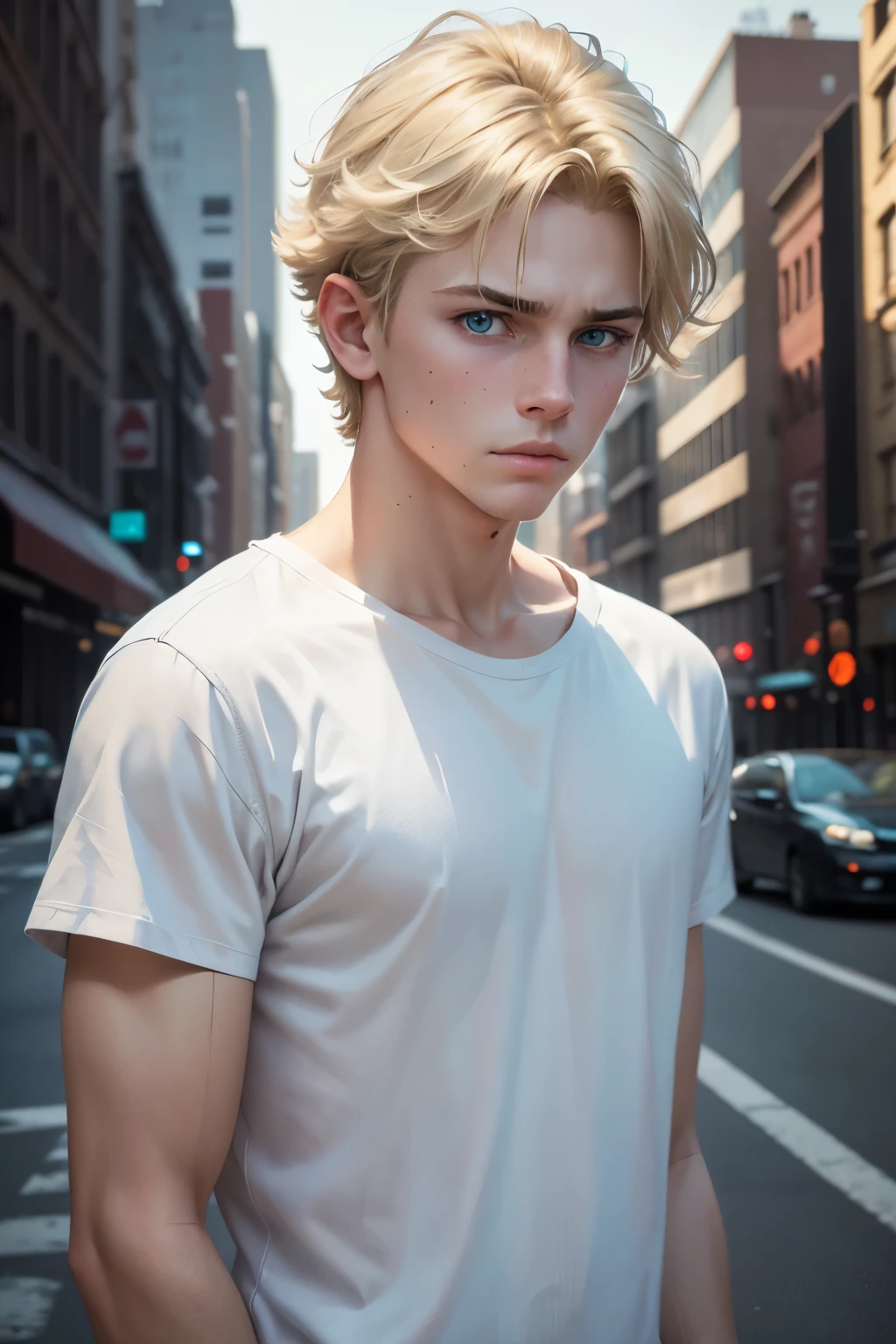 a 1 blonde American boy, young boy, detailed portrait, beautiful face, turquoise eyes, not smiling, full white t-shirt and blue jeans outfit, stylish outfit, realistic, photorealistic, 8k, masterpiece, cinematic lighting, new york streets, doesn't look friendly, high quality