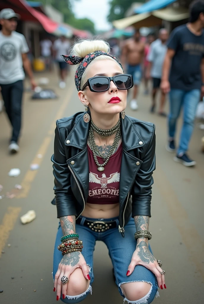 russian old milf woman, , blonde platinum hair (beehive bun) and wide colourful bandana as headband). Wearing oversized square maxi sunglasses. Square jaw, with very light green eyes, extremely pale. No tan. Wearing aged cropped black moto jacket (zippers on the side). Cropped short dark red push up t-shirt with faded spread wings eagle logo and gothic lettering,, dark skinny low rise blue jeans with holes on knees (white cotton visible). White tennis sneakers and bead bracelets around ankles. Lots of thick wide studded bracelets, chain collars and big rings. Tacky wide studded leather belt with swastika oval buckle. Long earrings with chains and feathers. Squatting, chin up looking at the sky, stretching her neck.. Hands on knees, spread legs, Toned abdominals, thin neck, slim legs and thin arms. Narrow hips. Heavily tattooed in colour on chest, hands, neck and arms. Garbage and waste on the ground. Crowded dirt street of Nairobi with shirtless men crowding behind her
