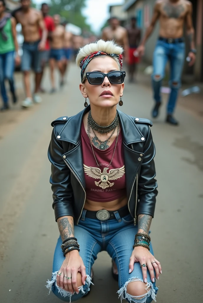 russian old milf woman, , blonde platinum hair (beehive bun) and wide colourful bandana as headband). Wearing oversized square maxi sunglasses. Square jaw, with very light green eyes, extremely pale. No tan. Wearing aged cropped black moto jacket (zippers on the side). Cropped short dark red push up t-shirt with faded spread wings eagle logo and gothic lettering,, dark skinny low rise blue jeans with holes on knees (white cotton visible). White tennis sneakers and bead bracelets around ankles. Lots of thick wide studded bracelets, chain collars and big rings. Tacky wide studded leather belt with swastika oval buckle. Long earrings with chains and feathers. Squatting, chin up looking at the sky, stretching her neck.. Hands on knees, spread legs, Toned abdominals, thin neck, slim legs and thin arms. Narrow hips. Heavily tattooed in colour on chest, hands, neck and arms. Garbage and waste on the ground. Crowded dirt street of Nairobi with shirtless men crowding behind her