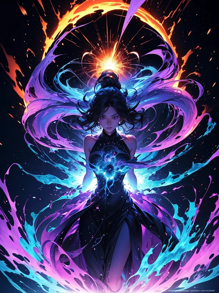 **Description for Cover:**

"Portray the dramatic moment in which the Co-creator, a female figure of fluid and ethereal energy, is at the epicenter of the creation of the universe. Show the colossal cosmic explosion, similar ao Big Bang, with a torrent of lights and energy radiating out. The Co-Creator must be a female entity with a fluid and luminous form., appearing to be made of pure light and energy that twists and dissolves.

His expression must be a mixture of horror and effort., highlighting his struggle to control the primordial force of the explosion. Detail how your fluidic form fragments and is pulled into the created vortex, symbolizing the failure to contain chaos and the inevitable fall into its own creation. Show the distortion and stretching of its shape as it is absorbed into the vortex.

The explosion around it must be intense and chaotic, with an explosion of bright, contrasting colors like blue, purple, red and gold, reflecting the magnitude and tumult of the event. Highlight the turbulent energy and light waves spreading through space.

Include details of the vortex in the center of the scene, showing the Co-creator being slowly sucked in, as the energy around you increases in intensity. The cover should capture the feeling of a cataclysmic event and the profound transformation of the Co-Creator, with a visual representation that combines drama and complexity."