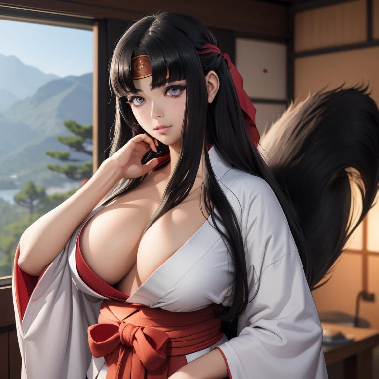 ((masterpiece, Best Quality, High resolution, HD, pixel perfect, depth of field, 8k, rtx, HdR))cowboy shot, BREAK, 1 girl, single, alone, beautiful anime girl, beautiful artistic style, cartoon character, ((akame ga kill style!)),((by the wide, black fur)), (red:1.4, rounded eyes, Beautiful eyelashes, realistic eyes), big breast 1.8, con neckline, neckline, blush, wears a red band on her head, with a white Buddhist kimono, BREAK, in dynamic pose, holding a katana with one hand in an old dojo in Japan