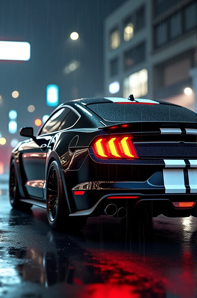 As a black for mustang gt with white stripes with a rear perspective, with elegance Let the atmosphere be a rainy night 