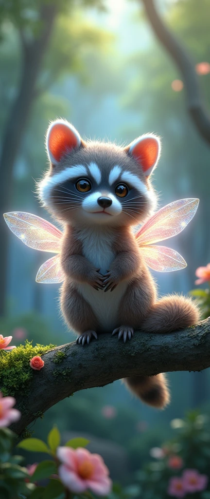 A mesmerizing image of a crystal cute extra fluffy baby realistic raccoon made of delicate glass, illuminating the surroundings with its iridescent light. The cute extra fluffy baby realistic raccoon has a fragile, intricate design with translucent wings that shimmer with every color of the rainbow. It is perched on a branch, surrounded by lush green leaves and flowers in full bloom. The background is a serene forest scene, with soft dappled light filtering through the canopy., photo, 3d render, conceptual art