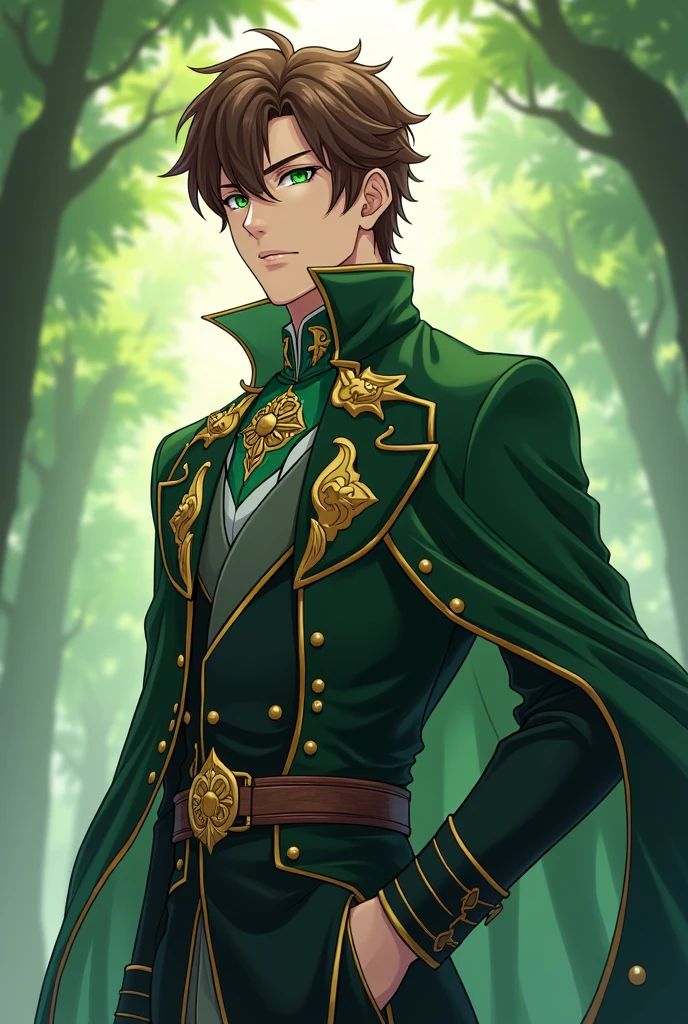 Create an male anime character using this name:
1. Brother - Prince Frederick Blackwood (Freddy) (he had an green eyes, brown hair, his style resembles of trust, luxury, natural, passion, smart, calm, trust, and earth magic user)
Make them more mature and majestic appeal.