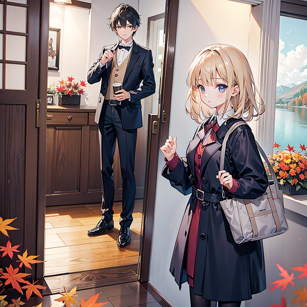 Girl with her husband in the front door, autumn, lake