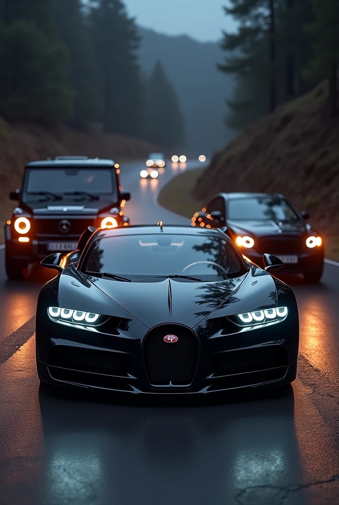 Black buggati rolls royce g wagon on road with lights