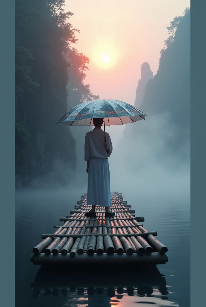 Misty，Sunset through the fog，First person view on a bamboo raft, under an umbrella, a perfect hand holding an umbrella，The lens is blocked by the umbrella and part of the umbrella is raised above the head，The outside of the umbrella looks like a Chinese landscape painting and also like a fairyland, as if there is Buddha&#39;s light.，Maximum resolution，All the details can be seen clearly，Cinematic color grading