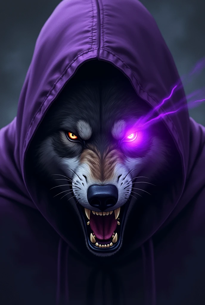An illustration of an angry wolf's face, that the left front part of the face is covered by a purple hood and that purple rays are projected from its right eye