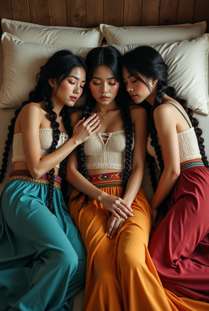 3 femmes avec deux tresses et leurs jupes boliviennes allongées sur le dos au lit