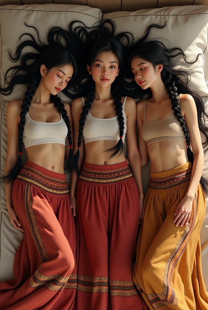 3 femmes avec deux tresses et leurs jupes boliviennes allongées sur le dos au lit