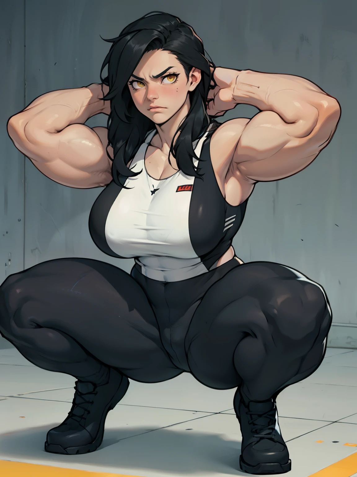 embarrassed sad long black hair yellow eyes pale skin muscular girl huge muscles large breasts squatting 